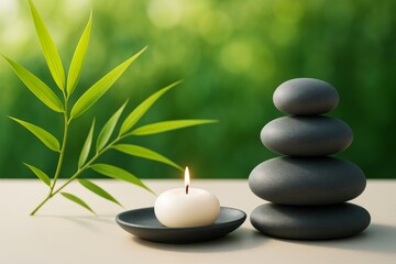 Poster - Zen stones stacked with lit candle and bamboo leaves on soft surface, peaceful spa ambiance with abstract green background and gentle light.