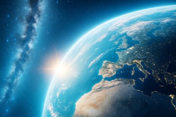 Poster - Beautiful view of planet Earth from space with sunlight illuminating the atmosphere and stars visible in the cosmic background. Ai generative.
