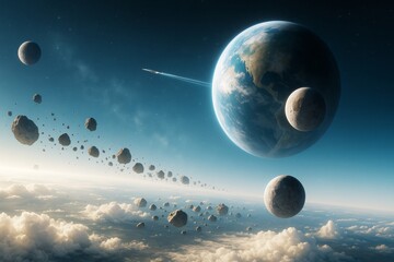 Poster - Planet with moons and asteroid belt above clouds with spaceship trail in deep space, celestial science background concept in 3D light effect style.