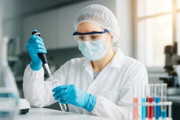 Poster - Female scientist in protective gear using pipette in laboratory with test tubes on bright background, focused on scientific research process.