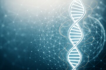 Aufkleber - Glowing DNA double helix structure with abstract molecular mesh on blue background, symbolizing genetic science and biotechnology concept.