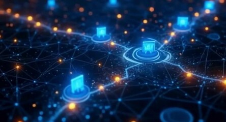 Poster - Futuristic Network of Interconnected Nodes with Glowing Connections and Data Transfer Visualization in Blue and Orange Tones