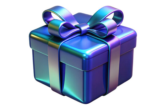 Holographic blue gift box with ribbon and bow isolated on transparent background