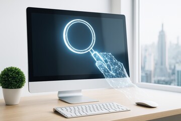 Aufkleber - Digital polygonal hand holding magnifying glass emerging from computer screen on wooden desk in bright office background illustrating tech concept.