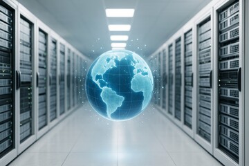 Aufkleber - Futuristic glowing digital globe in data center hallway with modern servers, global network concept, bright tech background and business technology interface.