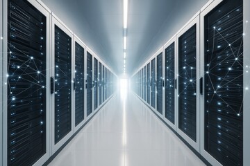 Aufkleber - Data center corridor with glowing network connections and futuristic light background in a modern abstract technology concept.