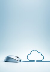 Aufkleber - Computer mouse with cable shaped like a cloud symbol on blue background, representing cloud computing and technology concept. Ai generative.