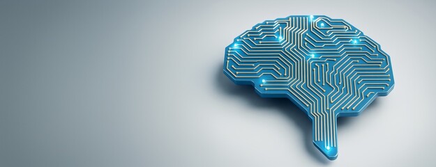 Aufkleber - Futuristic digital brain with glowing circuit lines on clean light background as concept for artificial intelligence and technology innovation copyspace template.