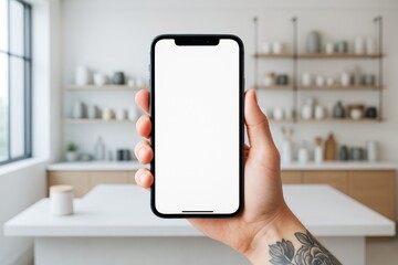 Poster - Smartphone with blank screen held in hand in modern kitchen, ideal for tech mockup or advertising display concepts with copyspace template design.