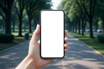 Poster - Hand holding smartphone with blank white screen in park setting for mockup or advertising concept on clean natural outdoor background.