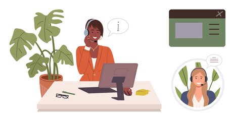 Poster - Customer service agents wearing headsets, conversing via calls and chat. Office desk with computer and plant. Ideal for customer service, teamwork, remote support, communication, technology