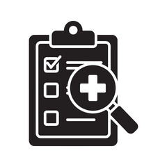 Poster - Medical examination solid icon with a checklist and magnifying glass with a cross for healthcare diagnosis and patient record analysis review vector glyph