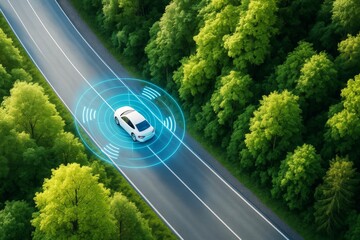 Poster - White autonomous car driving on a forest road with digital sensors visualized, concept of smart transport on green background, light sunny day.
