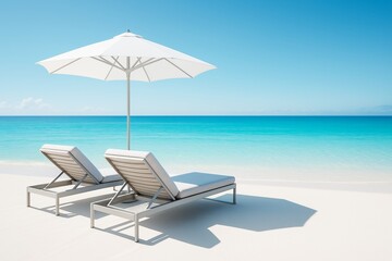 Poster - Two lounge chairs with umbrella on white sand beach facing turquoise sea under clear blue sky on sunny day, perfect vacation relaxation concept.