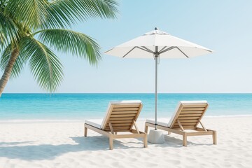 Aufkleber - Tropical beach scene with lounge chairs under umbrella and palm tree on white sand with turquoise ocean background in daylight travel concept.