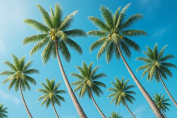 Aufkleber - Tropical palm trees with coconuts under bright blue sky in summer sunlight, ideal for travel and exotic background concepts.