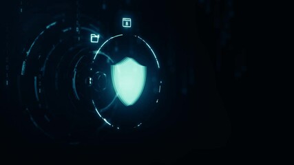 Poster - Futuristic cybersecurity interface with glowing shield icon and digital connection elements, symbolizing data protection, privacy, and secure technology infrastructure.