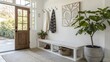 © CreativeLoom - Modern entryway with a bench, plants, and decorative wall art.