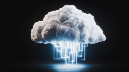 Poster - Cloud Computing Network: A stylized cloud, rendered in a photorealistic manner, emits streams of glowing digital data, symbolizing the power and reach of cloud computing and network connectivity.