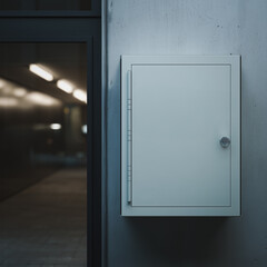 Poster - Locked Box in Public Space: A clean, locked metal box affixed to a wall suggests security. Situated in an industrial corridor, its presence hints at a controlled environment and hidden contents.