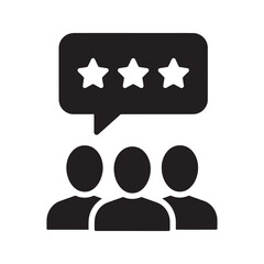 Poster - team feedback and review icon with group of people and speech bubble with stars representing collect