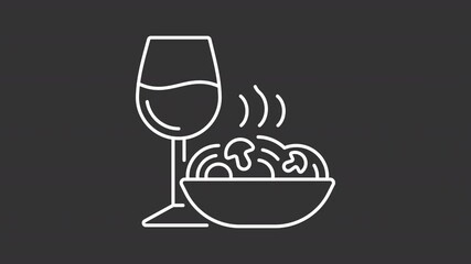 Poster - Animated dinner with wine and spaghetti white line icon. Fancy food serving animation. Fine dining experience. Eating tasty meal. Isolated element on dark background. Alpha transparent video