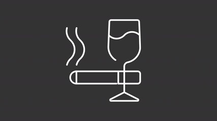 Poster - Animated wineglass and cigarette white line icon. Alcohol and nicotine products consumption animation. Unhealthy addiction. Routine. Isolated element on dark background. Alpha transparent video