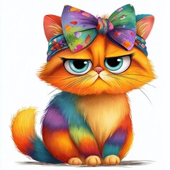  Grumpy Kitten in Rainbow Bow Glaring at Reflection A Feline Fashion Faux Pas