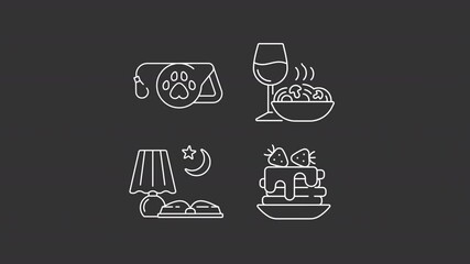 Poster - Animated daily activities white line icons. Pet care, night reading and food enjoying animation set. Routine lifestyle habits. Isolated elements on dark background. Alpha channel HD video