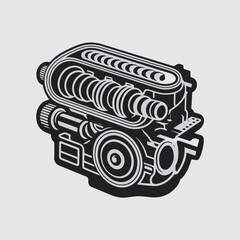 Poster - A detailed black and white vector illustration of a classic automotive engine component