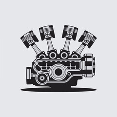 Poster - Black and white illustration of an internal combustion engine with four pistons mechanical design in vector graphics.