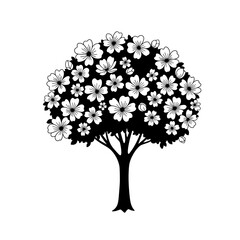 Poster - A flowering tree is isolated on white background, depicted in black and white