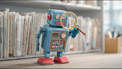 Poster - Robot with magnet exploring business insights representing ai research and data collection in a modern environment. AI Business Research Robot – Animated Video Version