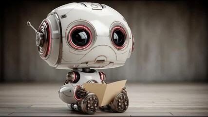 Poster - Robot holding piece of paper symbolizing ai business scenario builder concept for generating new ideas and solutions. AI Business Scenario Robot – Animated Video Version