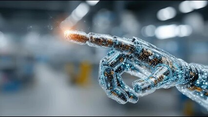 Poster -  Robotic hand representing ai business scenario builder concept for generating innovative solutions and ideas. AI Business Scenario Touchpoint – Animated Video Version