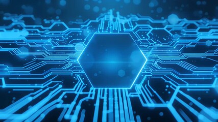 Fototapete - Dynamic Blue Circuit Board with Hexagon - Technology and Data Flow Visualization
