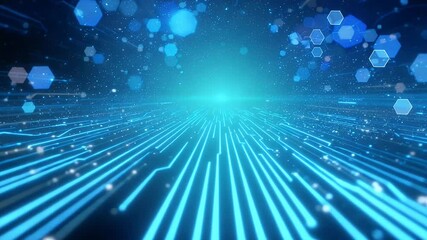Fototapete - Dynamic Digital Circuit Board with Hexagons and Glowing Particles Background