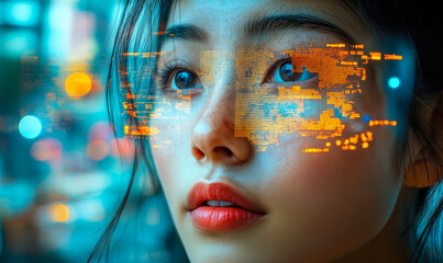 Poster - Close up portrait of young woman face with digital data overlays and futuristic glowing interface in cyber tech background for artificial intelligence concept