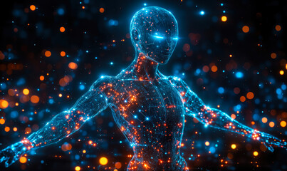 Poster - Futuristic humanoid robot with glowing blue and orange digital network connections in dark space background illustrating artificial intelligence technology and cybernetic innovation concepts