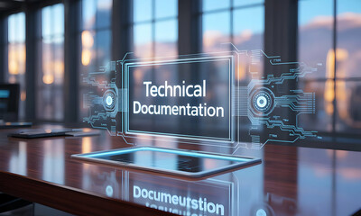 Poster - Holographic technical documentation displayed on tablet in office, sunset in background, used for presentation
