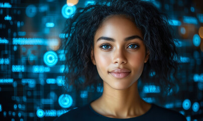 Poster - Confident young woman with curly hair posing in front of digital futuristic blue holographic data interface background for technology and innovation concept