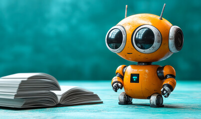 Poster - Orange small robot with large eyes standing beside an open book on a turquoise surface against teal background educational technology concept