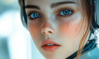 Poster - Close up of realistic 3d rendered female avatar face with blue eyes and headset in futuristic digital technology concept background