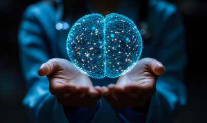 Poster - Human hands holding glowing blue digital brain with connecting neural network lines and dots representing artificial intelligence and advanced technology innovation concept
