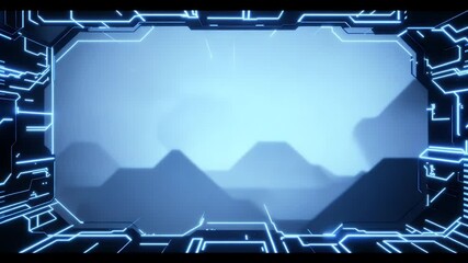 Fototapete - Futuristic Interface Frame with Glowing Blue Circuitry and Abstract Landscape