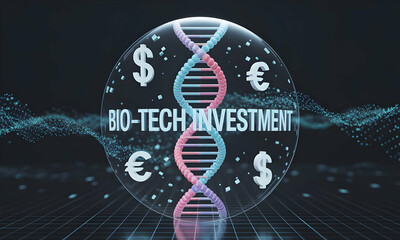 Poster - Biotech investment concept, DNA helix with dollar & euro symbols on dark digital background. Financial planning