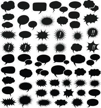 Collection of speech bubbles in black silhouette, a diverse set of communication symbols for design elements and creative projects on a white backdrop.