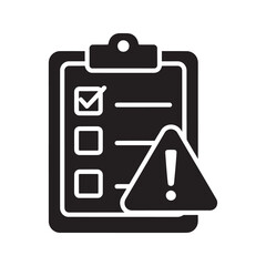 Poster - Risk assessment checklist icon with clipboard and warning sign representing safety compliance report and hazard identification for danger management vector solid glyph