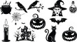 © Authentic - Collection of black halloween icons featuring witch cauldron spider web pumpkin cat bat haunted house and candle