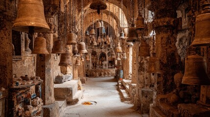 Ancient corridor with hanging bells spiritual and historical architecture